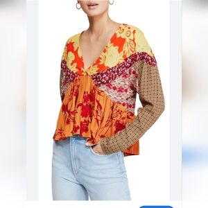 Free People Floral Patchwork Blouse - Orange EUC